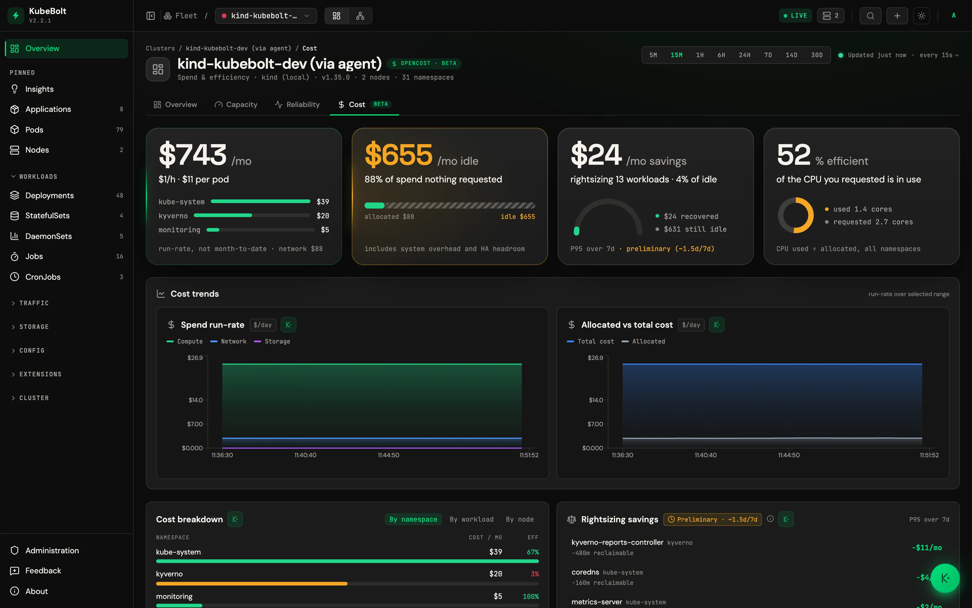 The Cost tab: spend per namespace and per workload, priced from OpenCost.