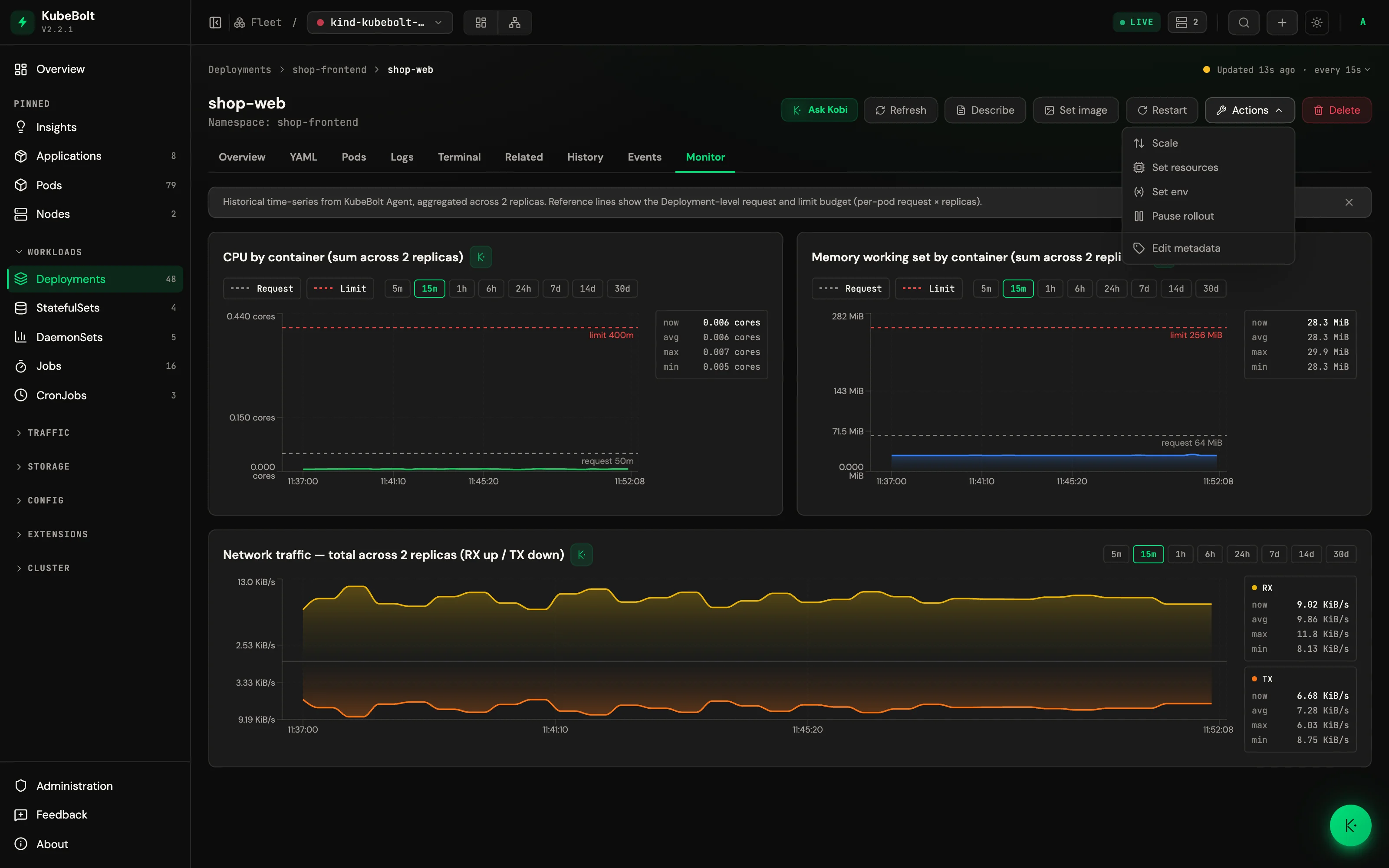 A Deployment: actions, pods, history and events without leaving the page.