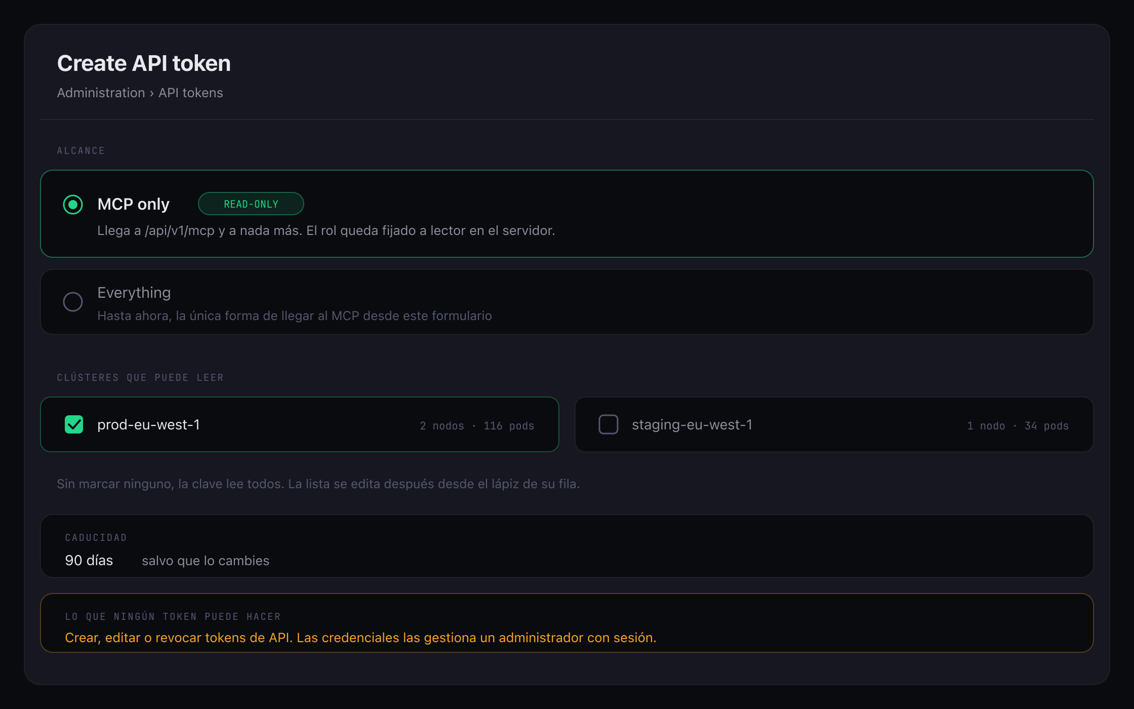 El diálogo de crear token de API con la opción MCP only seleccionada y la lista de clústeres permitidos